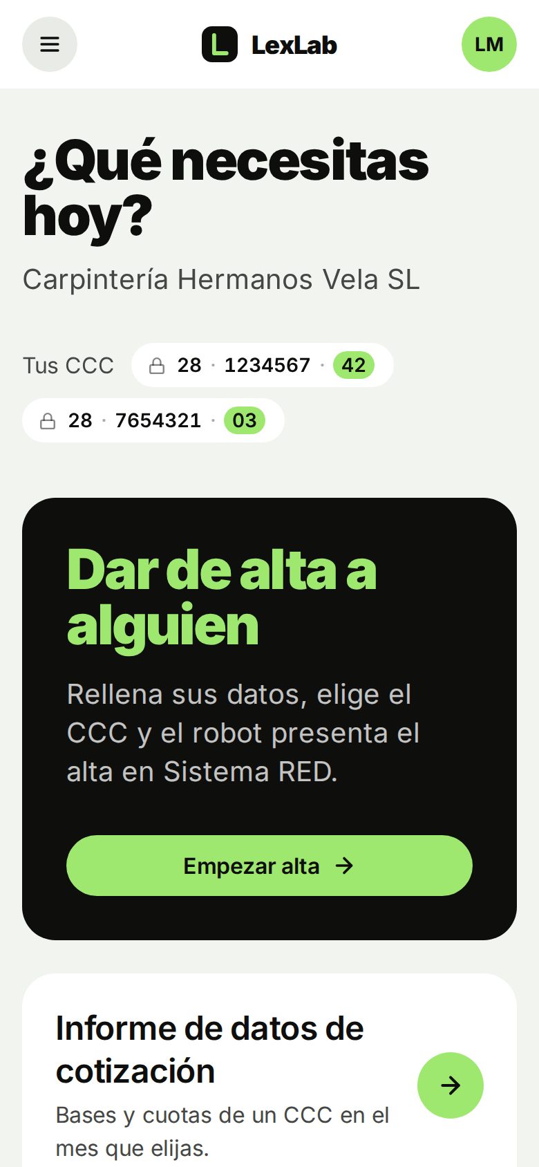 Inicio del portal de una empresa cliente en el móvil: sus dos CCC y el botón para dar de alta a alguien